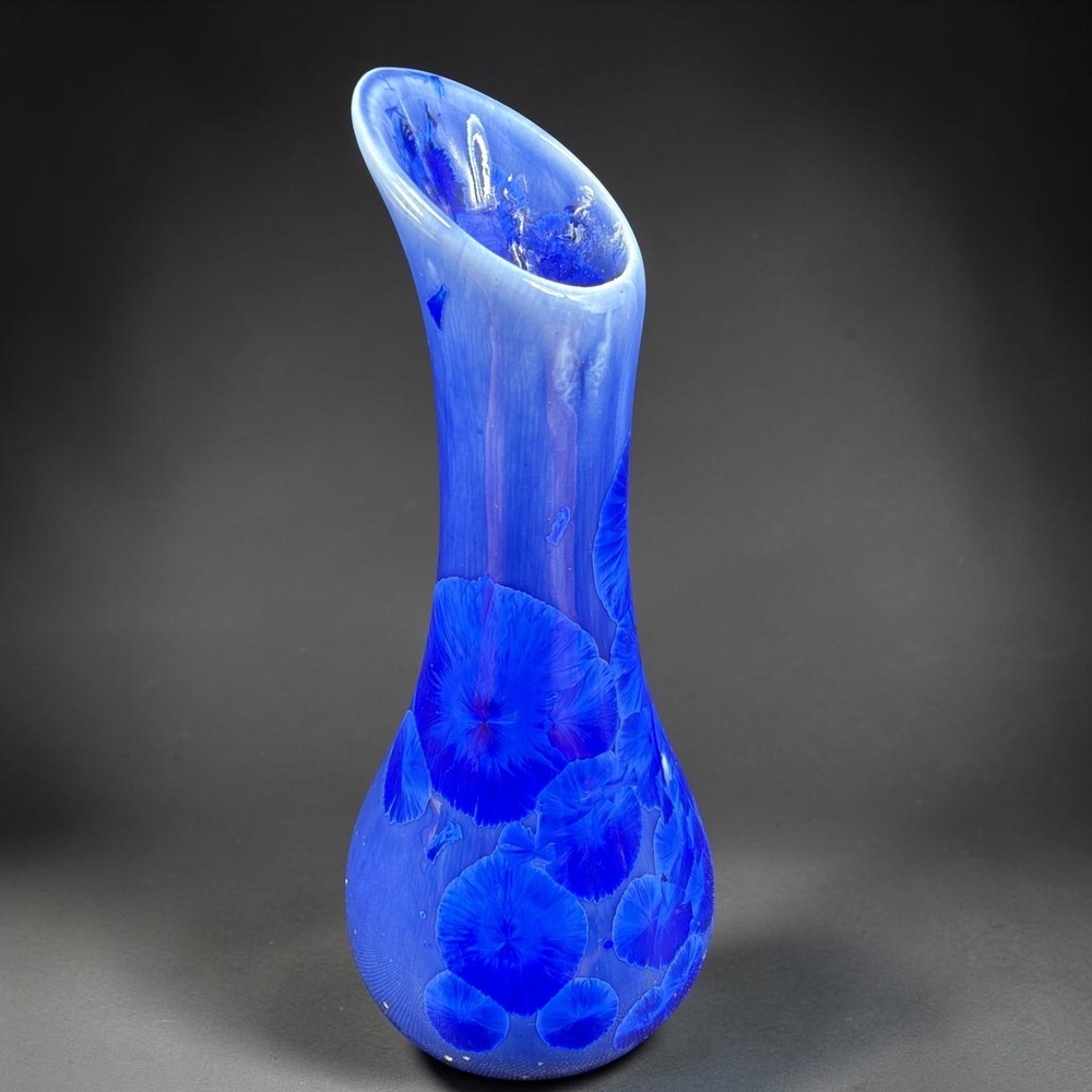 Vintage 1990s Cobalt Blue Crystalline Glaze Studio Pottery 5" Bud Vase Slant Rim